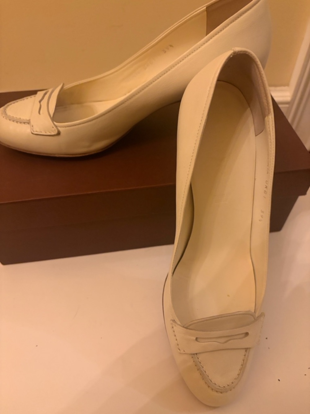 Bally Cream Leather Kitten Heel Loafers